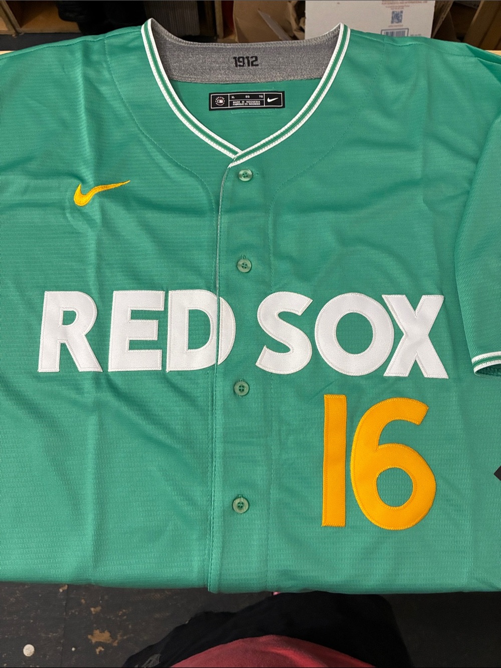 Nike Green Boston Red Sox Jersey with White and Yellow Detailing
